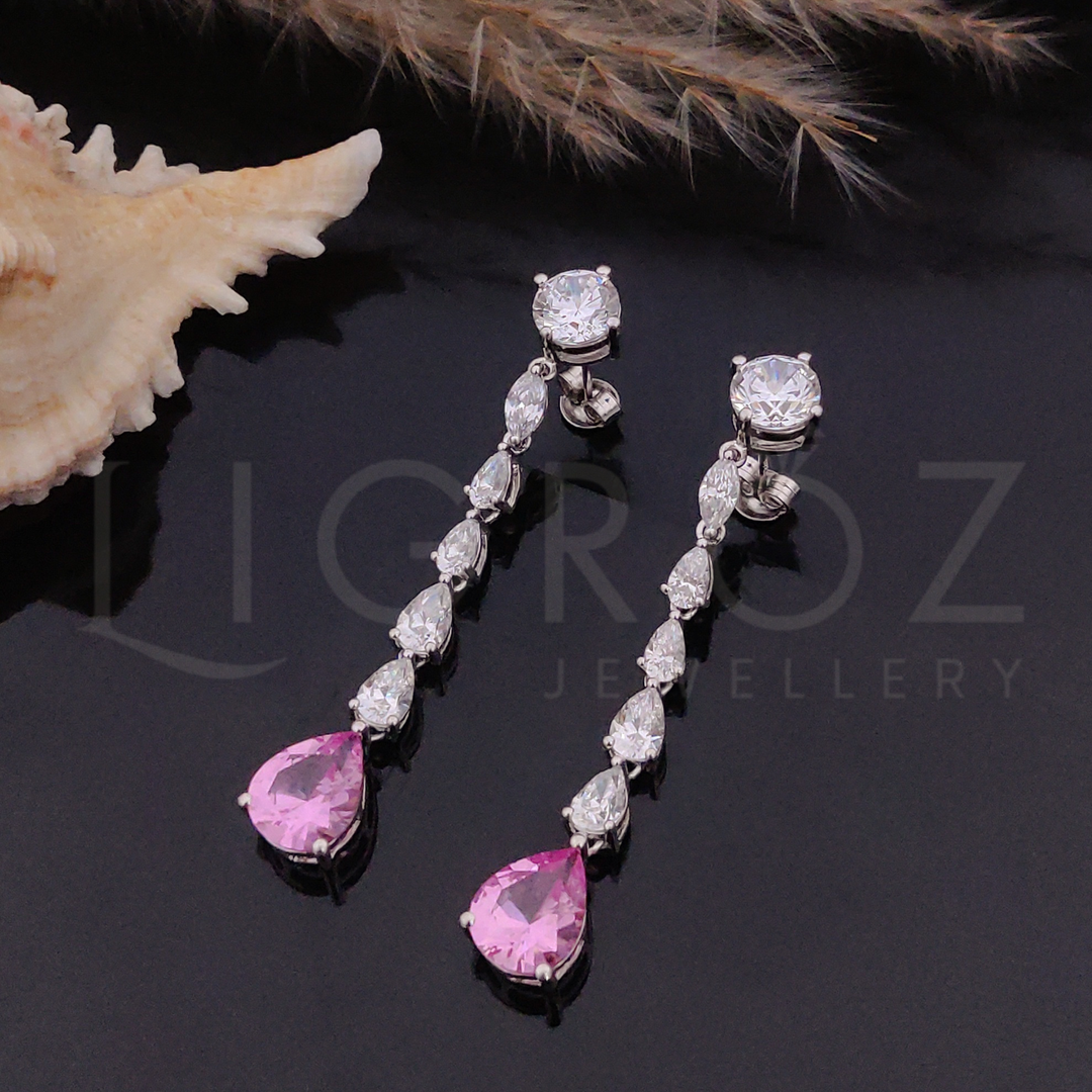 LIGROZ 925 Silver Pink Teardrop Long Earrings for Women
