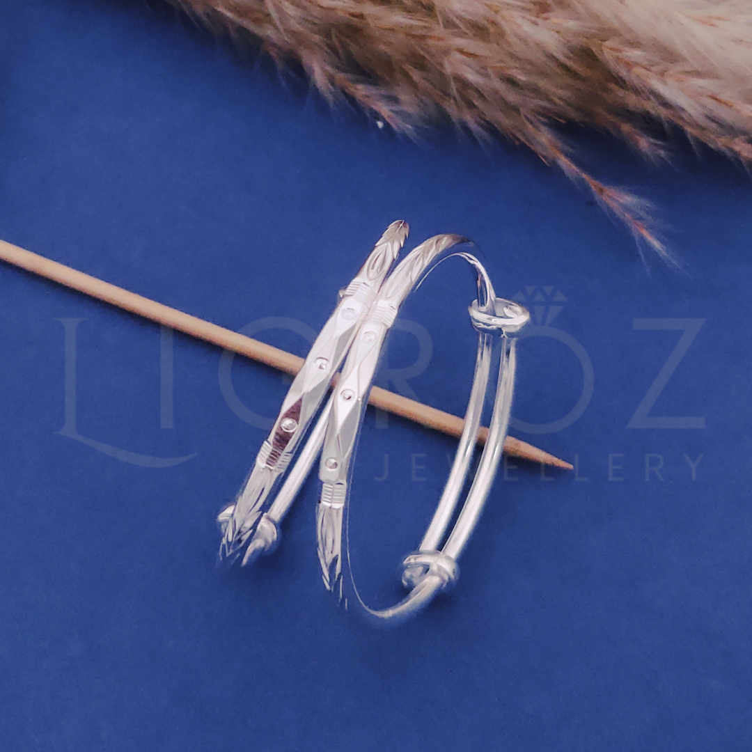 LIGROZ 925 Sterling Silver Adjustable Baby Kada (Pair) | Unisex Floral Line Design
