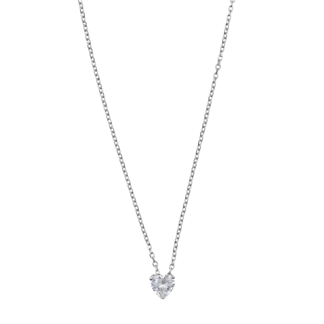 Silver Heart-Shaped Diamond Pendant Necklace