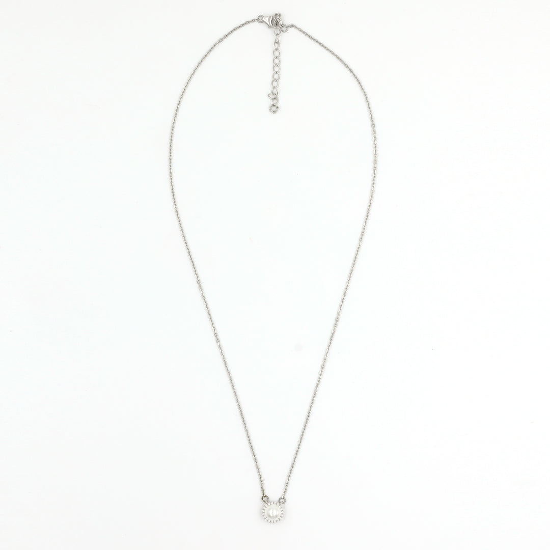 Silver Pearl and Crystal Halo Pendant Necklace