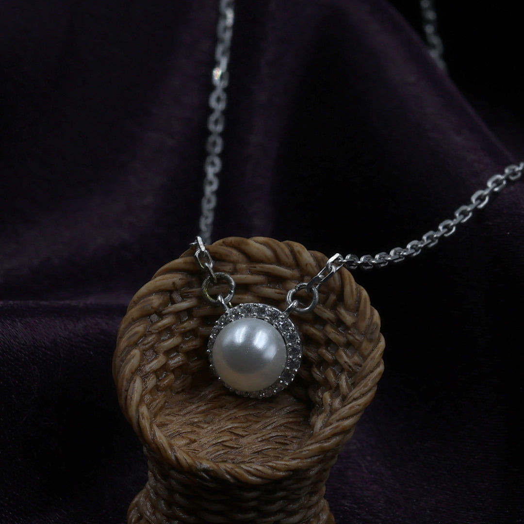 Silver Pearl and Crystal Halo Pendant Necklace