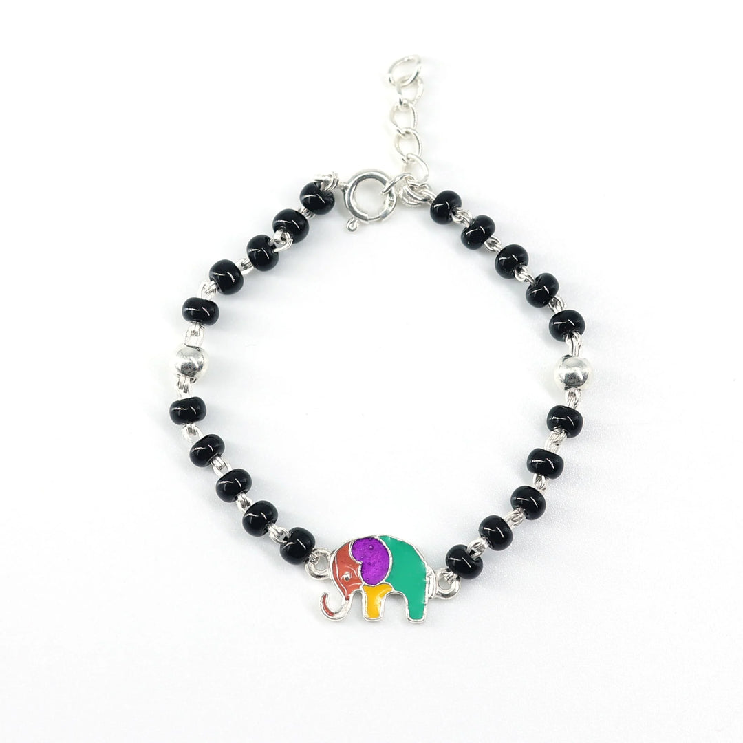 925 Silver Kids Bracelet with  Elephant Charm & Black Beads (Adjustable)