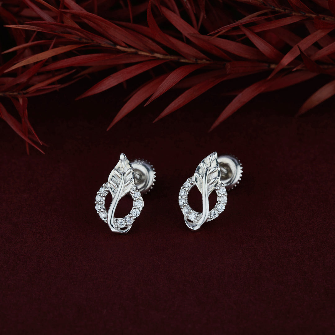 Silver Leaf-Inspired Diamond Drop Earrings