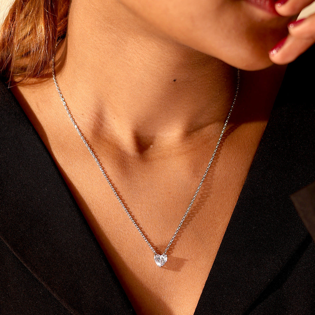 Silver Heart-Shaped Diamond Pendant Necklace