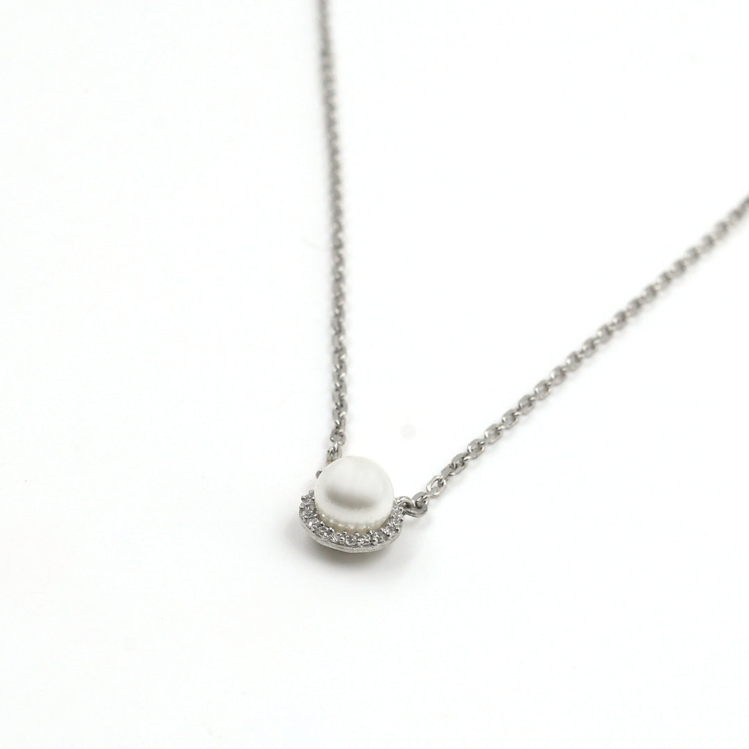 Silver Pearl and Crystal Halo Pendant Necklace