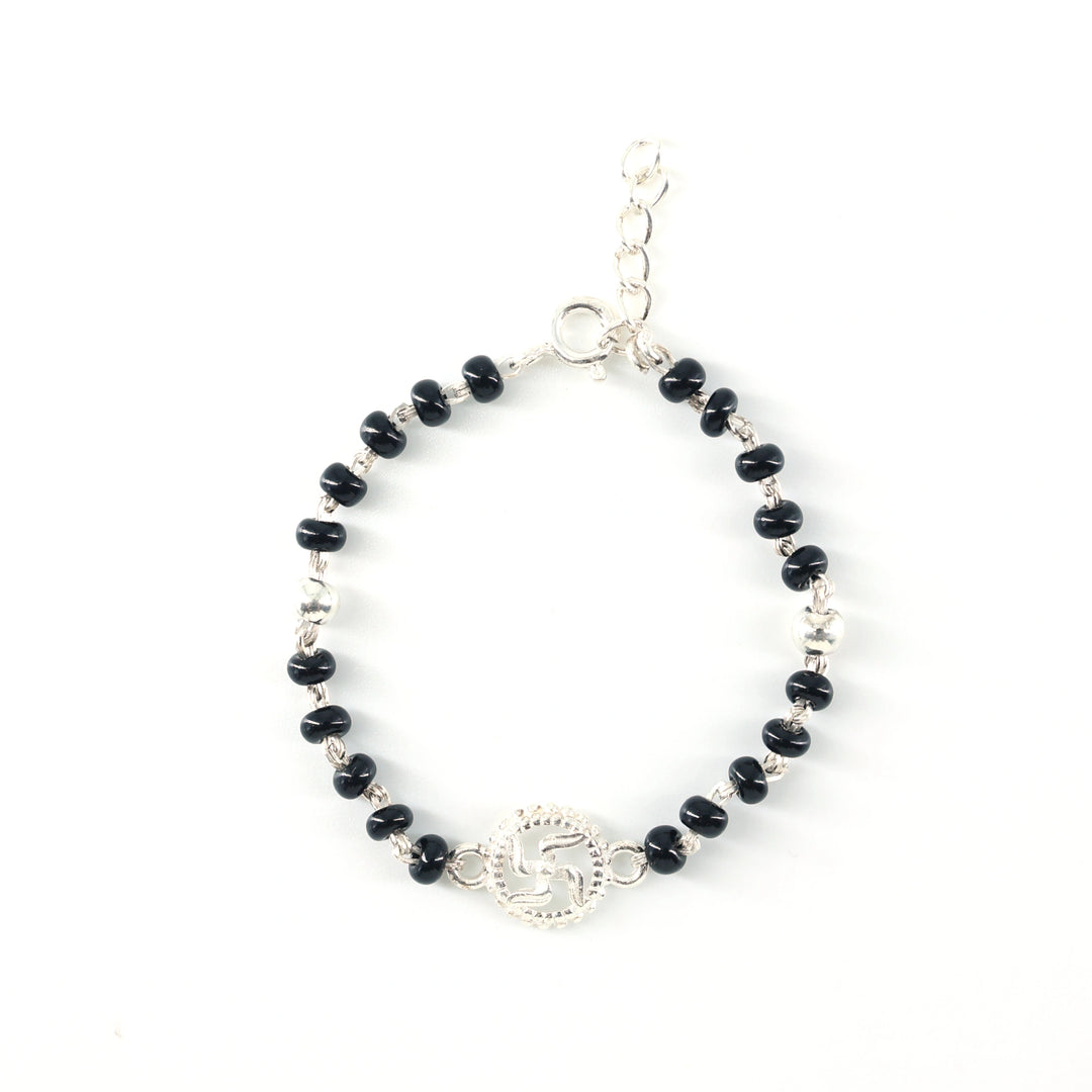 925 Silver Kids Bracelet with Swastik Charm &amp; Black Beads (Adjustable)