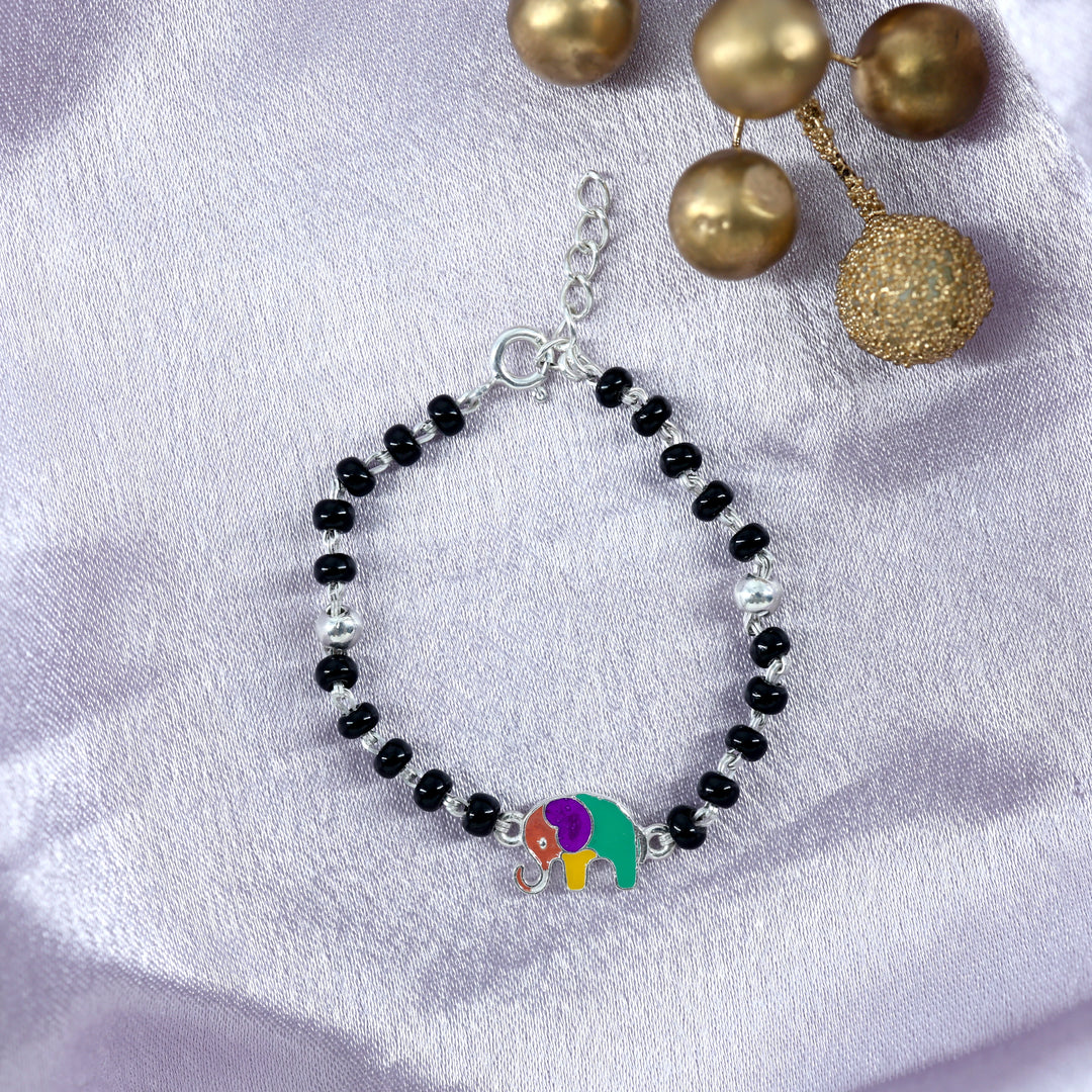 925 Silver Kids Bracelet with  Elephant Charm & Black Beads (Adjustable)