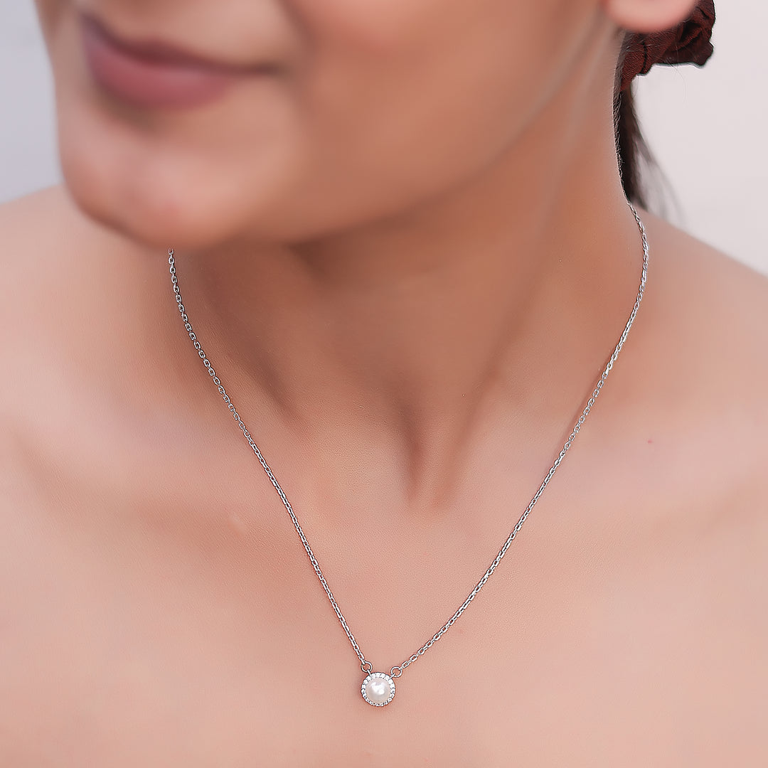 Silver Pearl and Crystal Halo Pendant Necklace