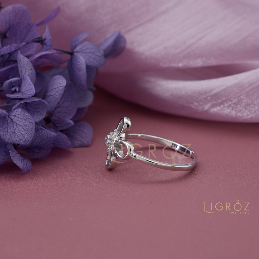 Silver Flower-Shaped Diamond Ring