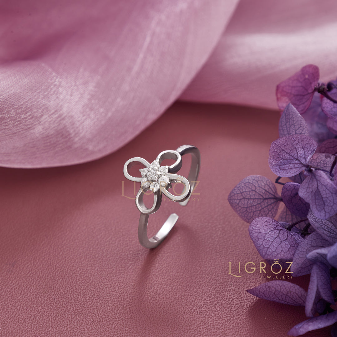 Silver Flower-Shaped Diamond Ring