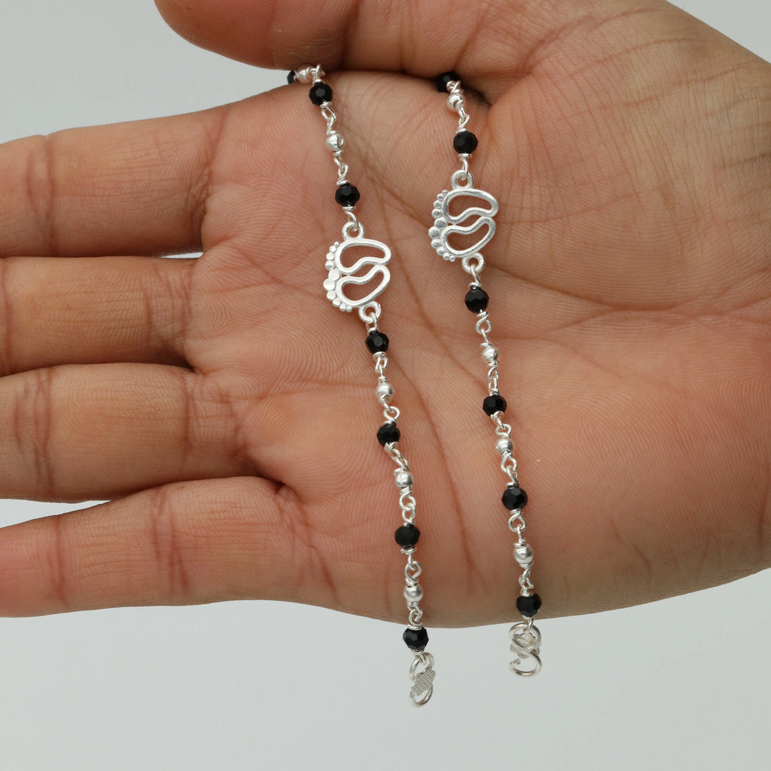 Silver Kids Bracelet with Baby Feet Charm & Black Beads