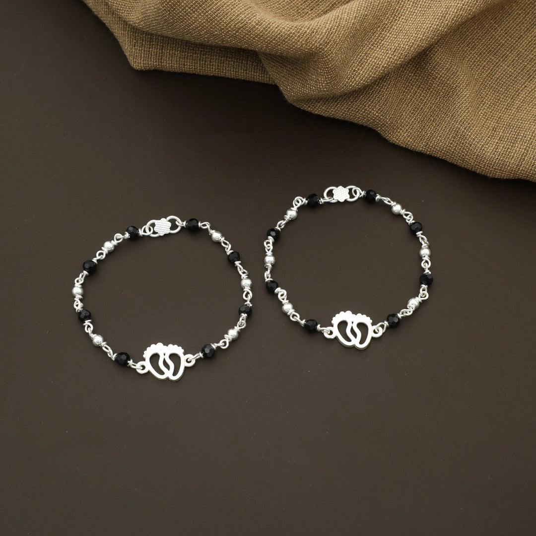 Silver Kids Bracelet with Baby Feet Charm & Black Beads
